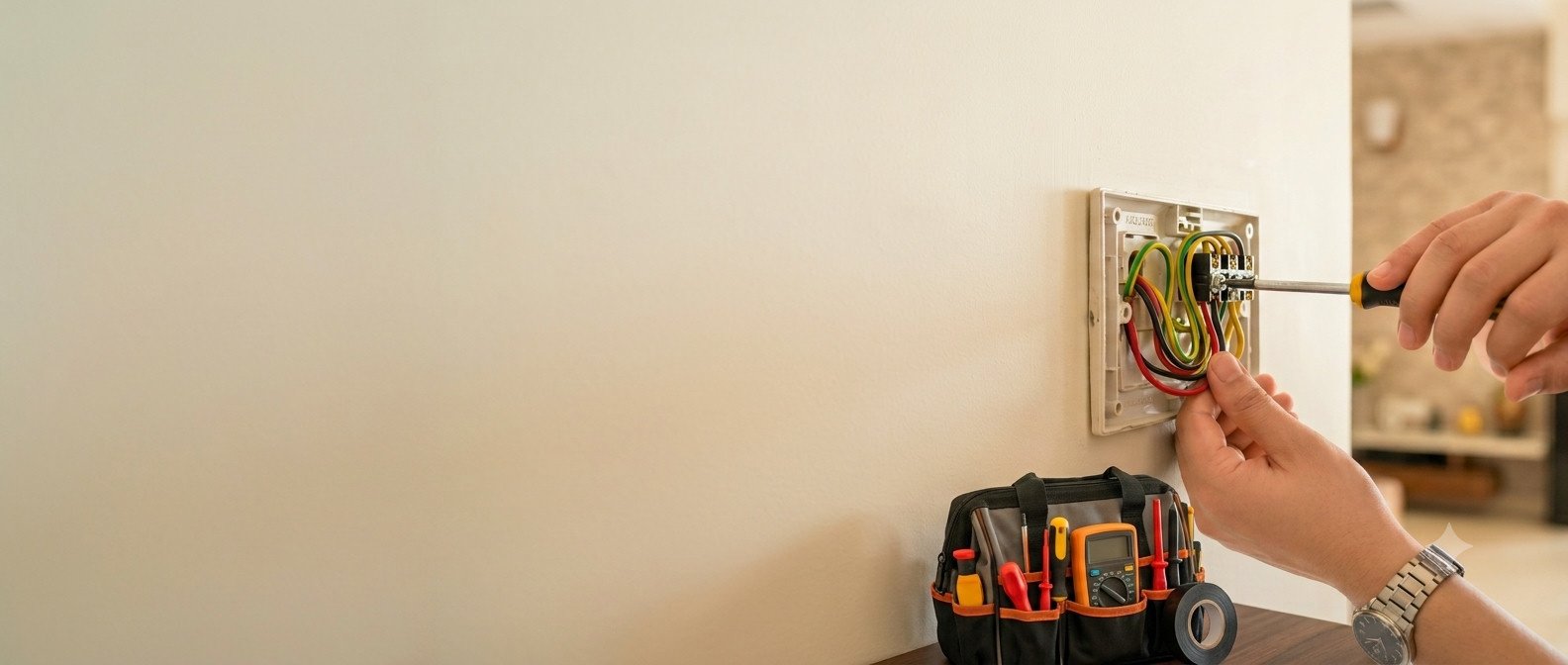 A licensed electrician wiring a wall outlet inside a home